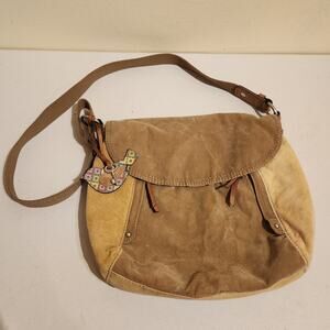 FOSSIL Boho Velour Messenger Bag Bird Bag Charm Leather Accents Y2K 90s Hippie